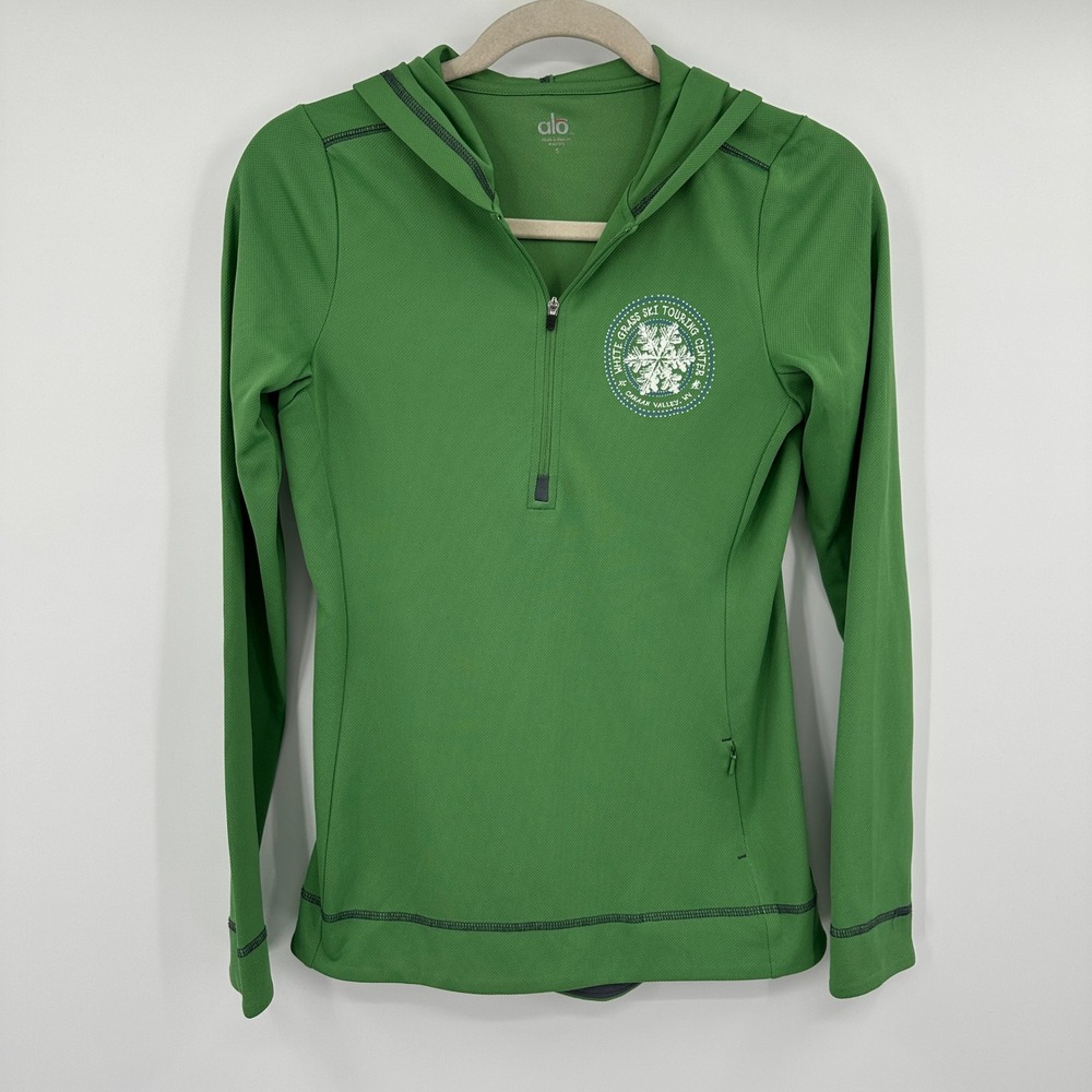 ALO Performance Quarter Zip Hoodie Green White Grass Ski Touring Center Womens S